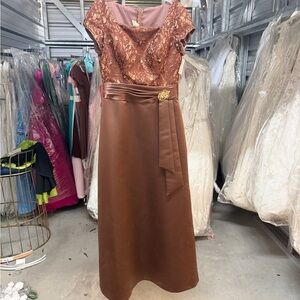 Chic Brown Satin Maxi Dress with Lace Overlay